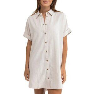 Rhythm Classic Beige Tan Creme Collared Short Sleeve Shirt Shift Mini Dress M